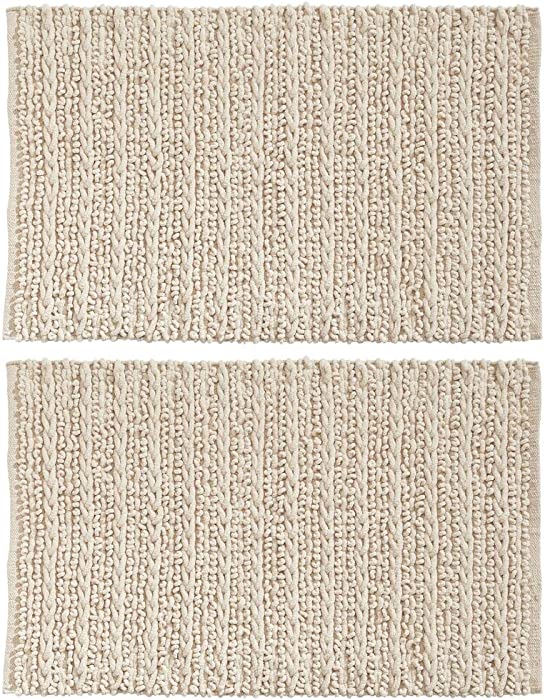 mDesign Cotton Non-Slip Soft Bathroom Rug, Absorbent Bath Mat - Water Plush for Bathroom Floor, Bathtub, Shower - Machine Washable - 2 Pack - Ivory