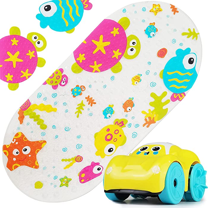 Bath Mat for Tub for Kids, Baby Non Slip Bathtub Mat for Bathroom Shower, Floor Mats for Toddler, Comes w/ a Bath Toy, 27.6x15.4 inches, Machine Washable, Easy to Hang Dry(Colorful Ocean)