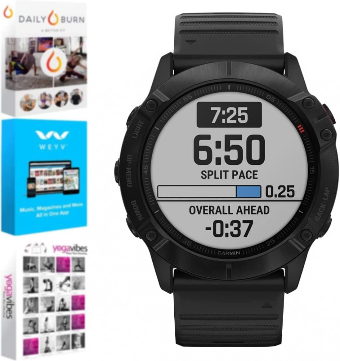 Garmin 010-02157-00 Fenix 6X Pro Multisport GPS Smartwatch, Black with Black Band Bundle with Tech Smart USA Fitness and Wellness Suite Includes Altair Weyv, Yoga Vibes and Daily Burn