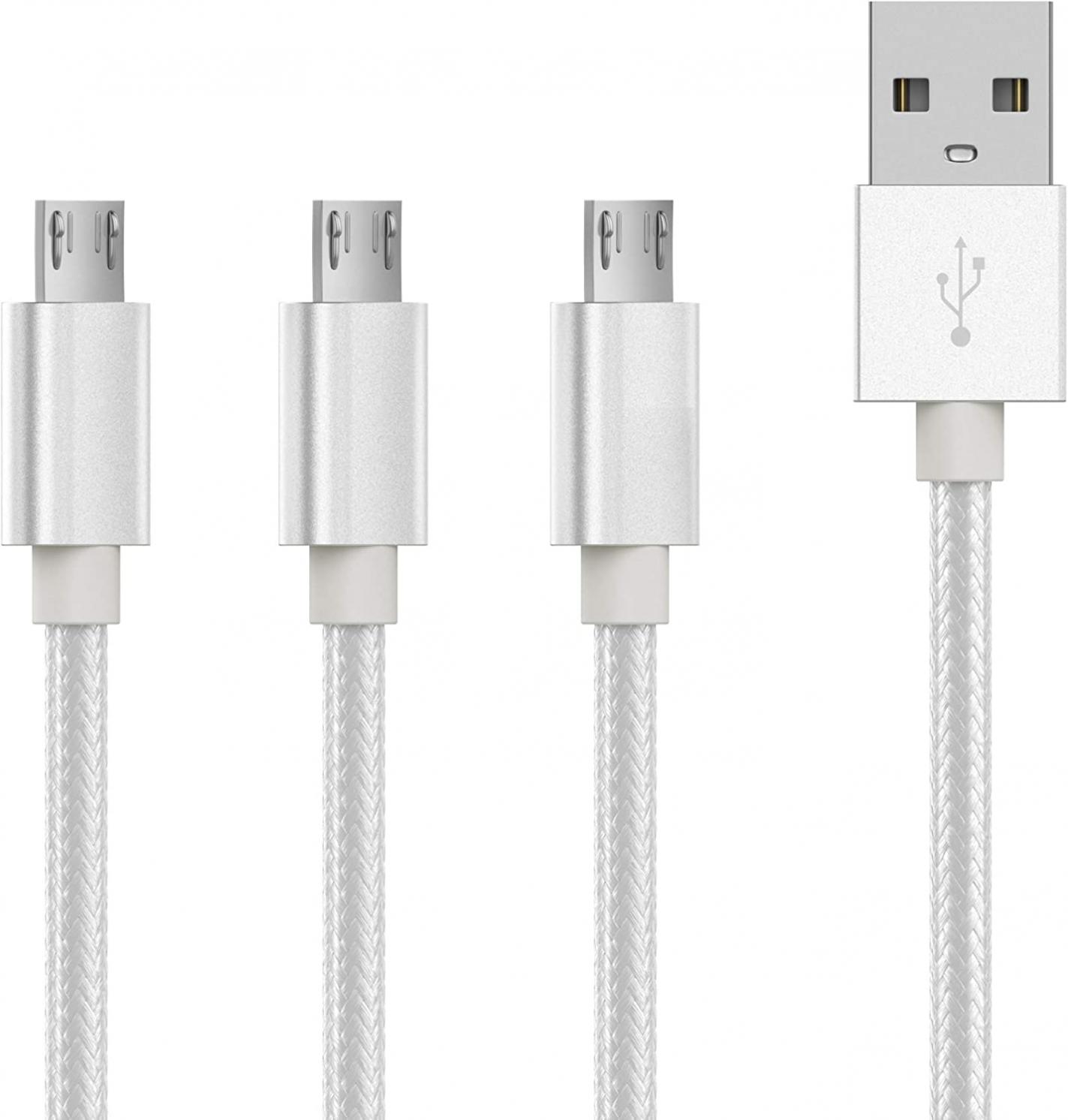 TALK WORKS Micro USB Cable 3 Pack 6ft Long Android Phone Charger Braided Heavy Duty Fast Charging Cord for Samsung Galaxy S6 / S7, Tablet, Bluetooth Speaker, Wireless Earbuds Headphones - Silver