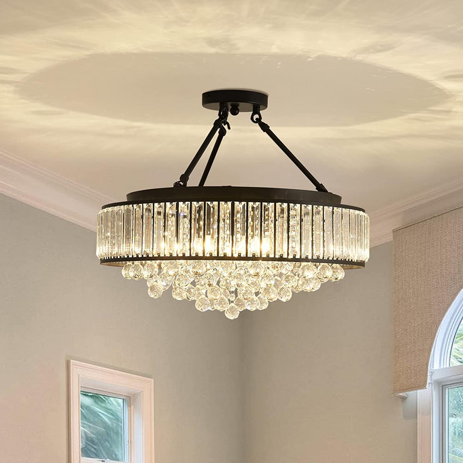 YYJLX 6-Light Modern Large Crystal Chandelier Black Metal E26 Semi Flush Mount Round Ceiling Light Fixture Ceiling Lamp Farmhouse for Dining Room Living Room Laundry room Foyer Kitchen Balcony Bedroom