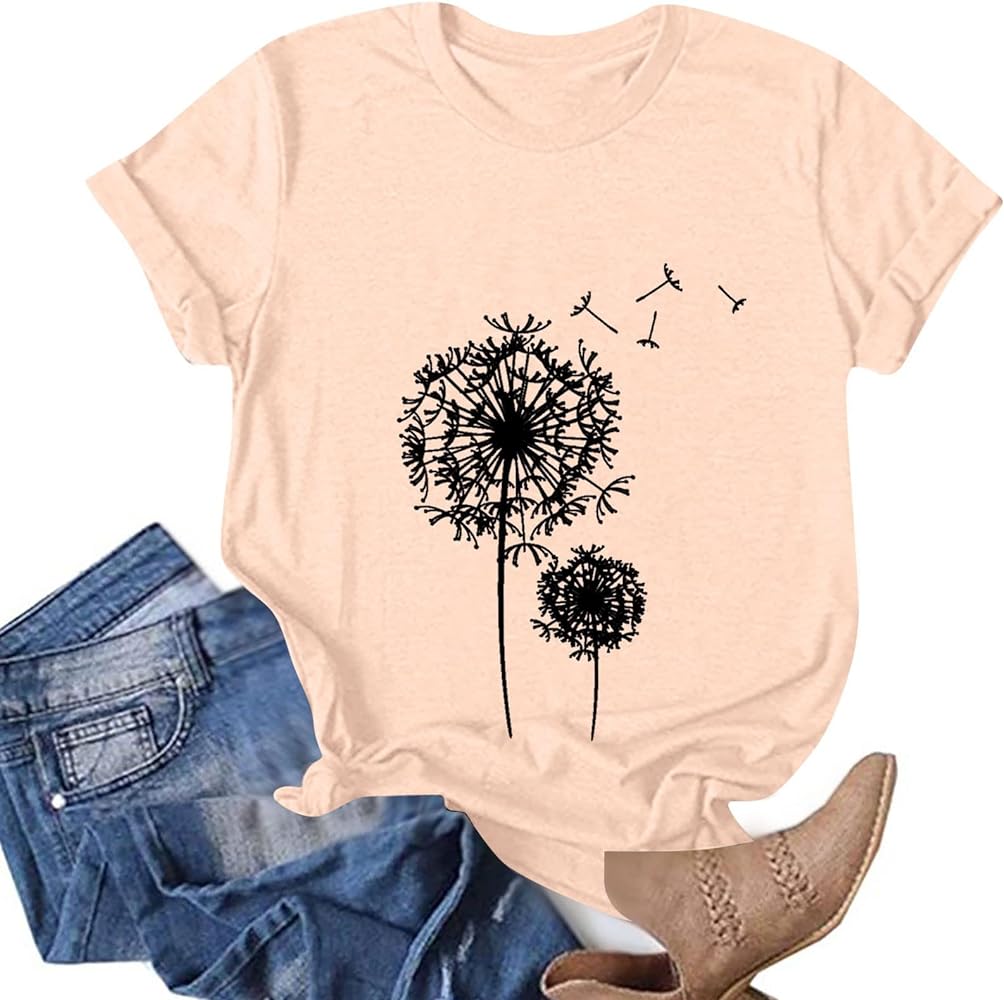 DASAYO Women's Cute Summer Tops Shirts Dandelion Printed Casual Comfy Graphic Tee Shirt Fashion Short Sleeve Tshirts Blouse