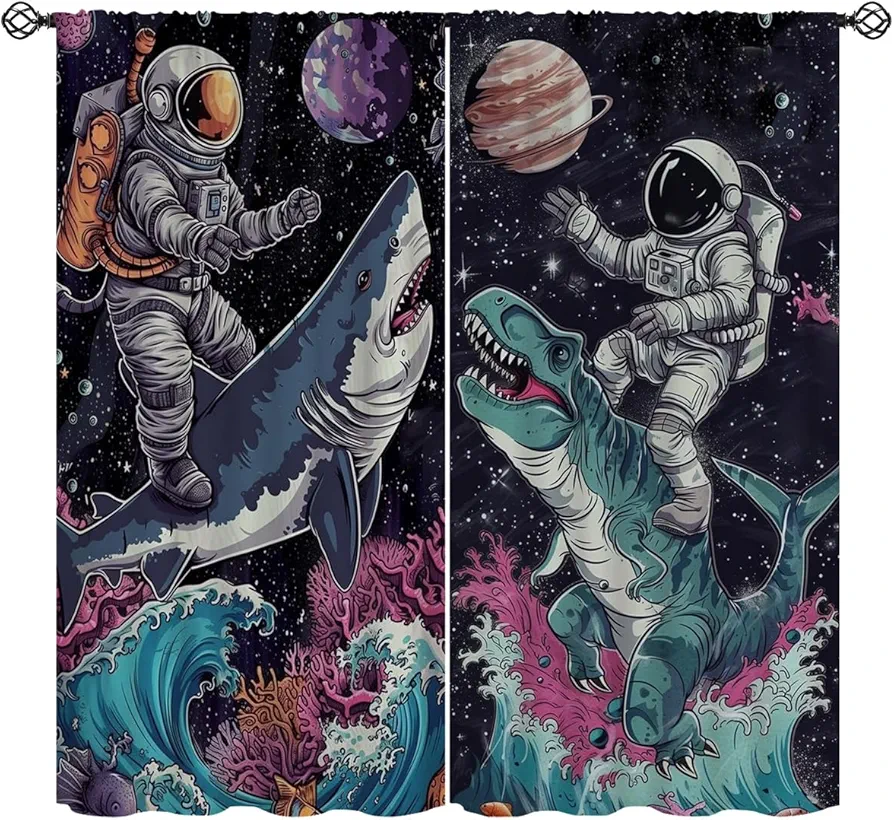 Funny Astronaut Blackout Curtains for Girls Boys Home Decor, Fantasy Dinosaur Shark Galaxy Rod Pocket Thermal Insulated Drapes Darkening Window Curtain for Bedroom Living Room, 63 x 63 Inch