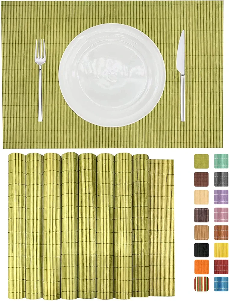 ANDSTAR Set of 8 Pcs Bamboo Placemats Sushi Rolling Mat Japanese Style Natural Anti-Slip Bamboo Placemats Washable Heat-Resistant Table Mats for Dining Room and Kitchen（Green）