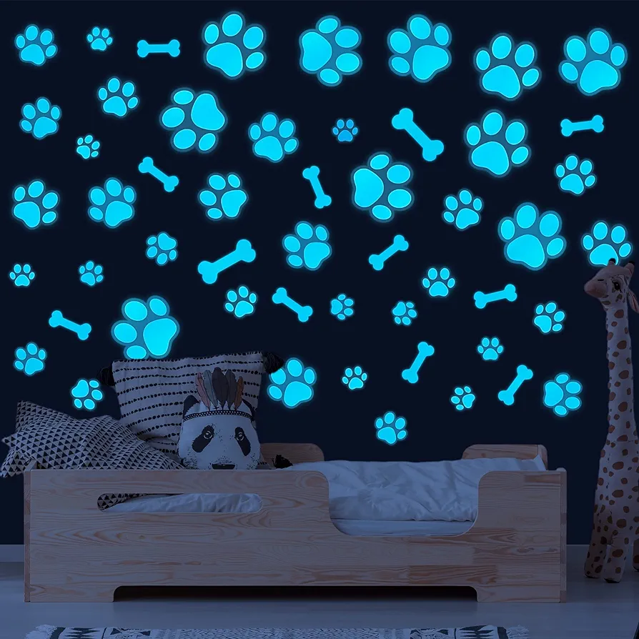 Dog Paw Print Stickers Glow in The Dark Wall Decals Pup Dog Room Decor Stickers Vinyl Dog Paw Bone Wall Decals Removable Animal Footprint Decal for Kids Boys Girls Bedroom Nursery Floor Ceiling Decor