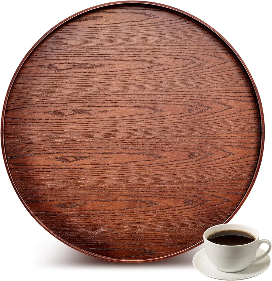 24 x 24 Inch Large Round Serving Tray Rustic Wooden Ottoman Table Tray Decorative Round Coffee Table Tray for Oversized Ottoman Living Room Kitchen Counter Breakfast Tea Coffee, Brown