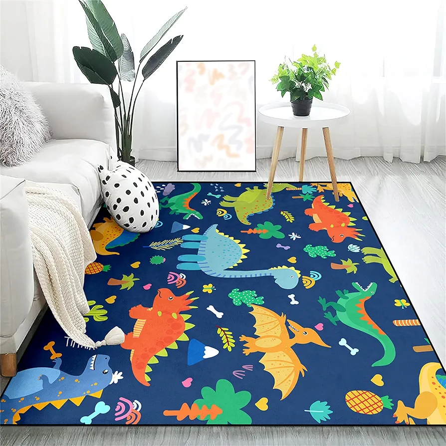 Cartoon Dinosaur Area Rugs for Kids Boys 3D Printed Carpet for Boys Bedroom Home Decor Large Dinosaur Play Rugs, Crystal Polyester Dinosaur Carpet Rug Mat for Playroom Living Room Kitchen, 3'×5'