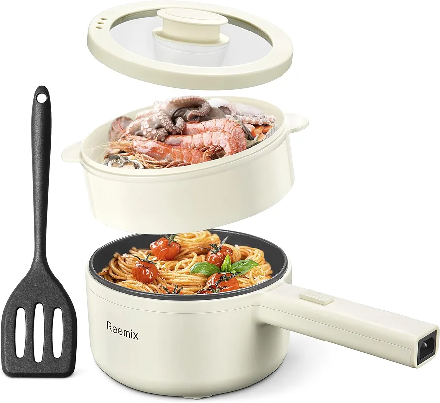 Hot Pot Electric With Steamer, 1.6L Ramen Cooker Non-Stick Sauté Pan for Steak, Egg, Fried Rice, Ramen, Oatmeal, Soup, Portable Personal Perfect Suit Dorm Room and Apartment (White), JK508