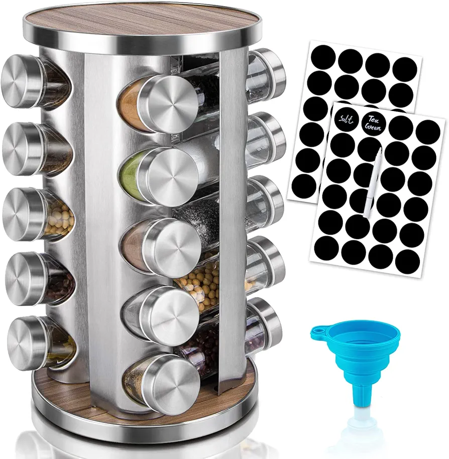 Rotating Spice Rack Organizer with Jars(20Pcs), Seasoning Organizer for Cabinet, Kitchen Spice Racks for Countertop, Revolving Stainless Steel Spice Organizer