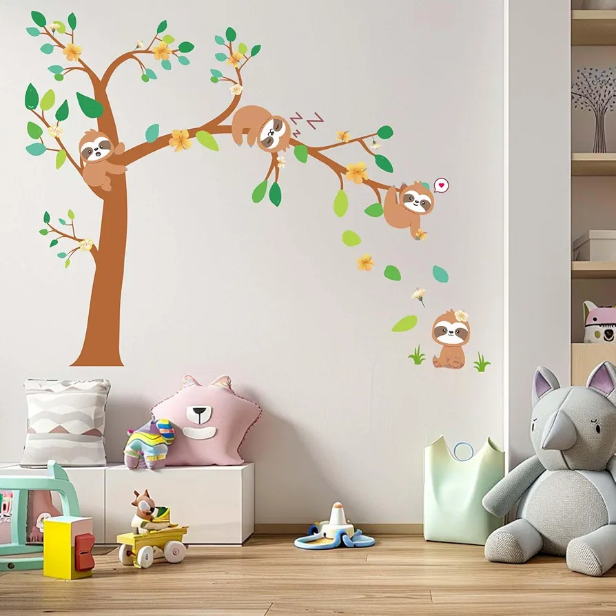 AnFigure Sloths Wall Stickers Animal Tree Branch Wall Decals Baby Nursery Kids Room Daycare Girls Bedroom Wall Decor