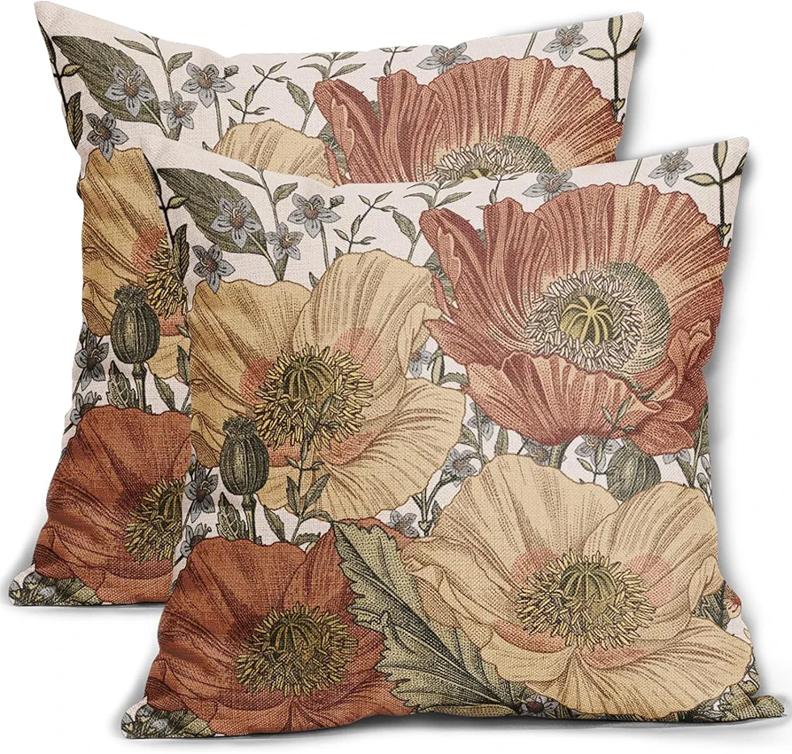 Brown Rust Red Vintage Floral Pillow Covers 18x18 Rustic Flowers Botanical Print Decorative Throw Pillows Outdoor Country Decorations Pillow Cases for Couch Sofa Bed Decor Set of 2