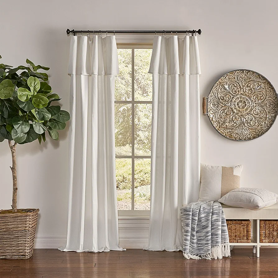 Drop Cloth Curtain Panel, Light Filtering Ring & Tab Top with Attached Valance, 95 in Long x 50 in Wide, Farmhouse Single Window Panel, Bedroom, Living Room & Dining Room, Off White