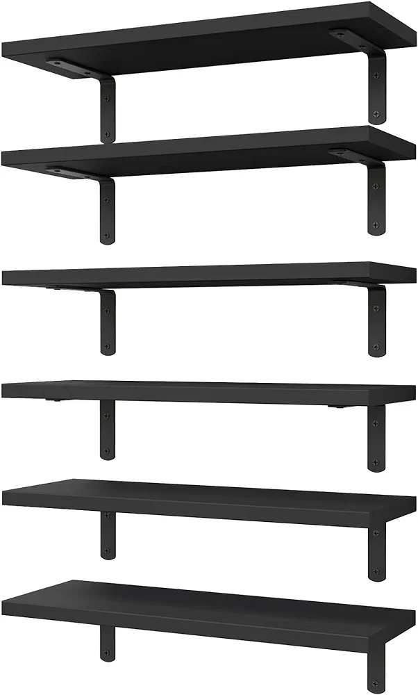 WOPITUES Floating Shelves Set of 6, Wood Rustic Farmhouse Shelves for Wall Decor, Bathroom Shelves, Book Shelves for Living Room-Black