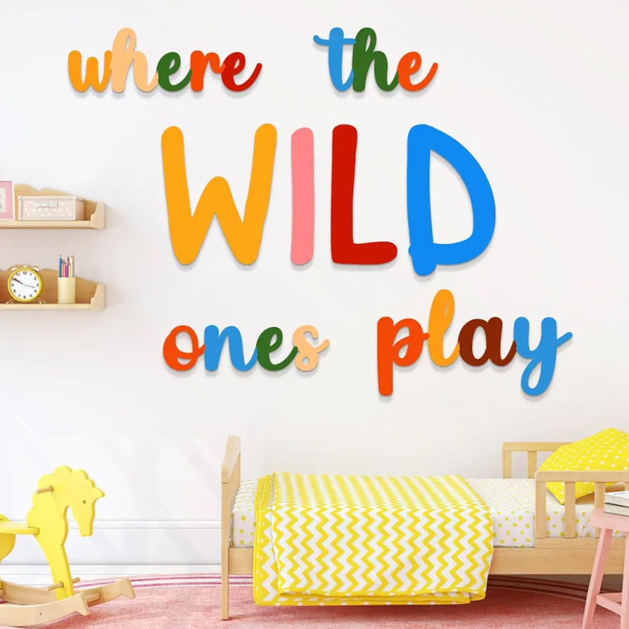 Large Colorful Playroom Wall Decor Where The Wild Ones Play Wooden Room Sign for Boys Girls Playroom Bedroom Nursery Home Word Cutouts Sign Decor (30inch)