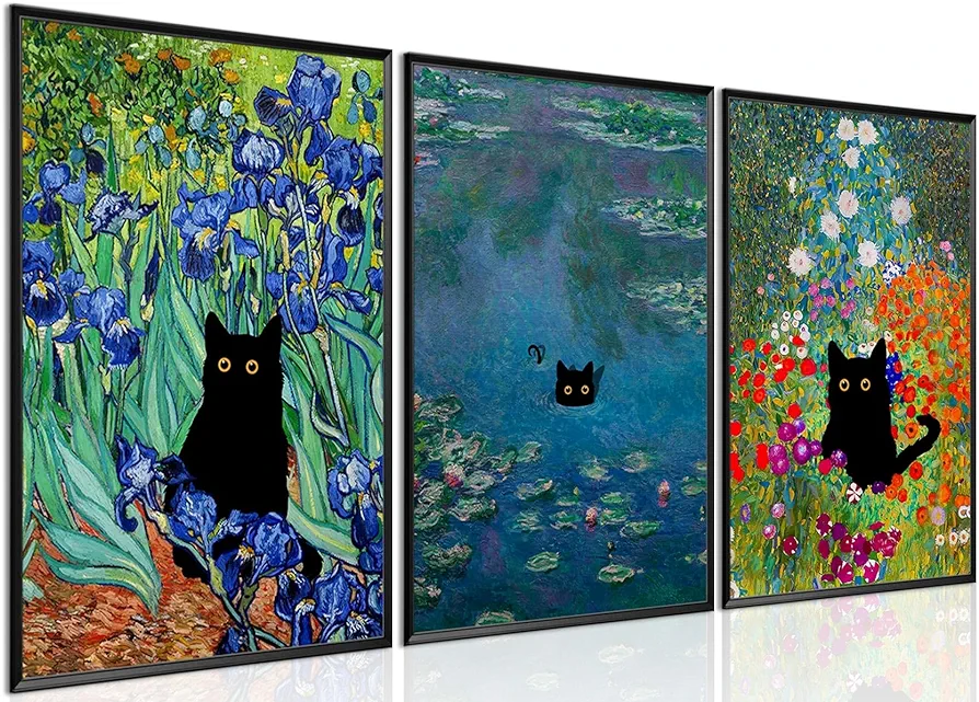 MUWAK Van Gogh Canvas Wall Art Set of 3 - Famous Artist Impressionist Garden Flowers Black Cat Wall Decor, Flower Garden Cats Aesthetic Pictures for Home Living Room Decor - 12x16 Unframed