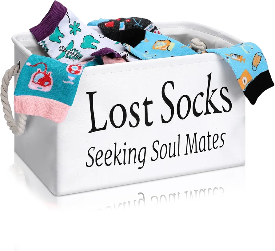 Lost Socks Basket for Laundry Room Lost Socks Sign Farmhouse Laundry Room Decor and Accessories Lost Socks Bin for Laundry Room Polyester Fabric White, 13.78 x 9.45 x 7.87 Inch