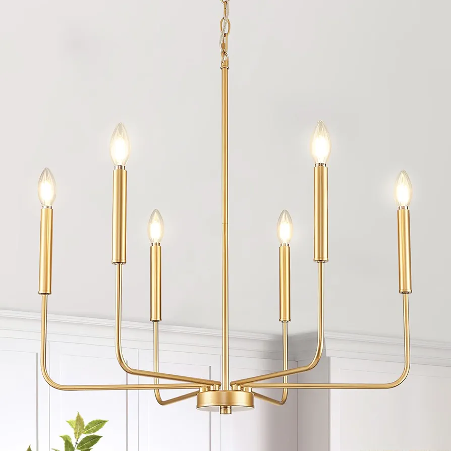 Modern Gold Chandelier for Dining Room, 6-Light Metal Farmhouse Dining Light Fixtures Over Table, E12 Candle Hanging Pendant Lighting for Kitchen, Living Room, Foyer, Entryway, Staircase