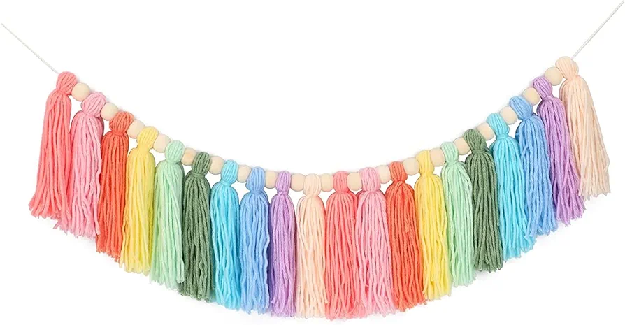 Pastel Tassel Garland, Colorful Rainbow Tassel Wall Hanging Decor with Wood Bead Colorful Garland for Girls Bedroom Wall Classroom Nursery Party Kids Room Birthday Baby Shower Decor (Pastel)