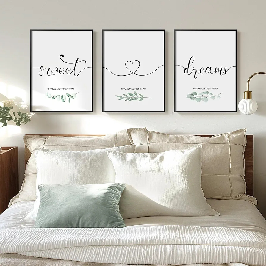 Framed Canvas Wall Art For Bedroom, Set of 3 Pieces Sweet Dreams Signs Wall Art For Master Bedroom Wall Decor, Modern Minimalist Bedroom Pictures For Farmhouse Guest Room Wall Decor Above Bed -16" H x 36" W