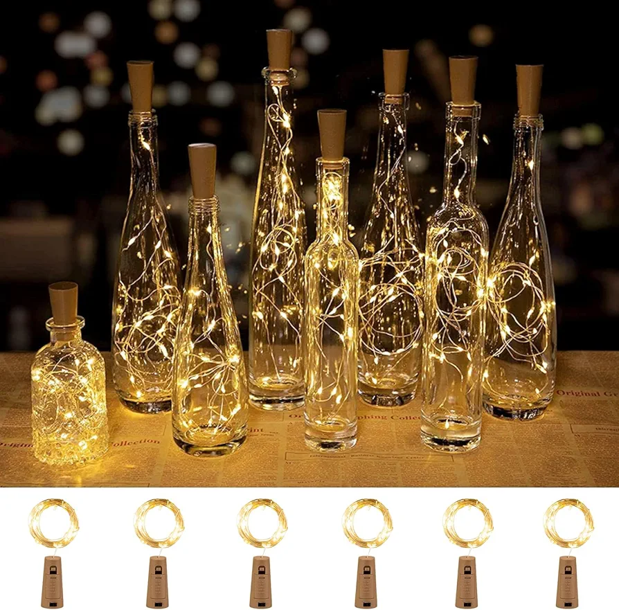 Brightown Wine Bottle Lights with Cork - 7ft 20 LED Battery Operated Cork Lights, Waterproof Silver Wire Mini Fairy Lights for Liquor Bottles DIY Party Bar Christmas Holiday Wedding Décor, 6 Pack