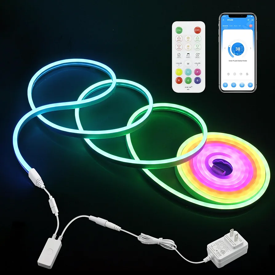 16.4FT Neon Rope Light Smart Neon Light Strip RGB+IC Addressable LED Light Strip Indoor with Remote APP Control Music Sync Color Chasing Waterproof Neon Strip for Outdoor Party Room Decor 24V