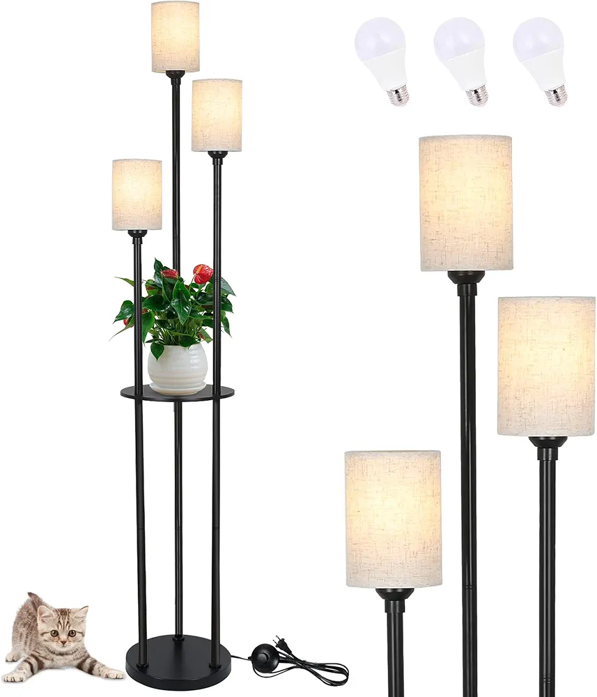 Floor Lamp - 3 Lights Modern Floor Lamp for Living Room, Dimmable Tall Pole Lamp with Shelves, Farmhouse Standing lamp for Bedrooms Office Home Decor, 3 LED Bulbs Included, 3 Color Temperatures