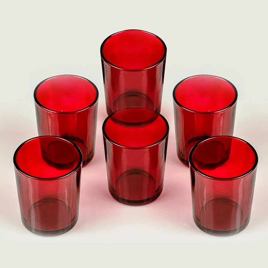 TIED RIBBONS Set of 6 Votive Glass Tealight Candle Holders - Decorations Items for Home Décor Dining Table Living Room (Red) - Gifts