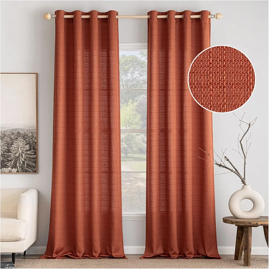 MIULEE Burnt Orange Linen Curtains 84 Inch Length 2 Panels Set for Living Room Bedroom Privacy Fall Farmhouse Burlap Weave Rust Semi Sheer Grommet Light Filtering Window Drapes, W52xL84, Terracotta