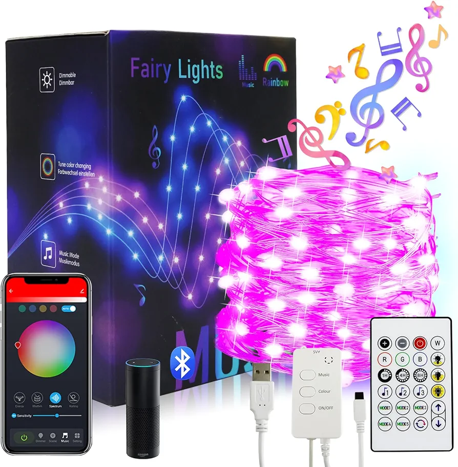 AMKI Bluetooth Fairy Lights, Color Change Firefly Lights with Music Mode Remote Google Home Alexa APP Control, RGB USB Powered Twinkle String Lights with Timer for Birthday Classroom Decor 5m/16.4ft