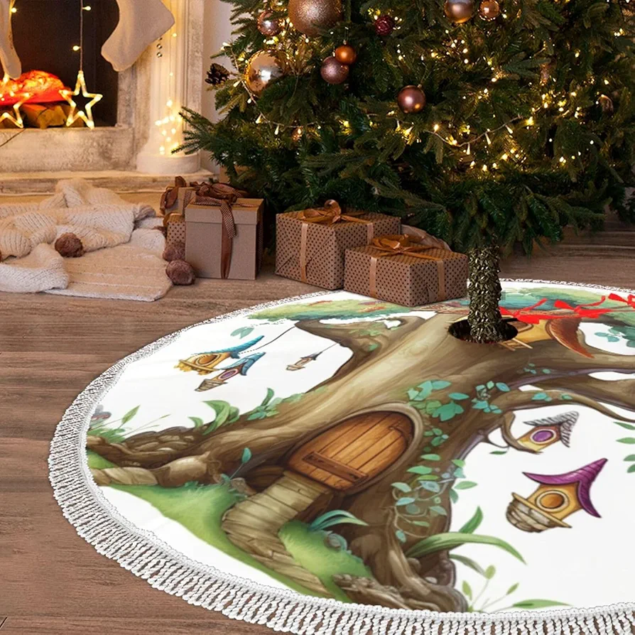 Christmas Tree Skirt with Tassel Cute Fairy Tree 36" Xmas Tree Skirts Tassel Tree Mat Ornament for Home Indoor Outdoor Room Holiday Decoration