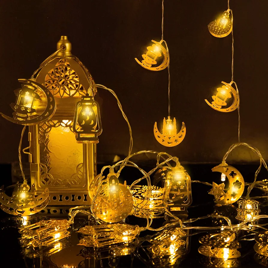 Ramadan Eid String Light- 9.8ft 20LEDs Eid Moon Star Kerosene Lantern Lamp Mubarak Islam Decorative Indoor Lantern Lights String with 2 Flash Modes for Muslim Islamic Home Garden Patio Decor Supplies