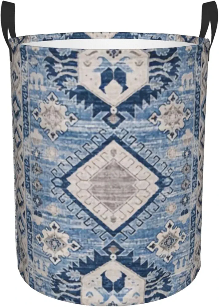 Oriental Antique Blue Kilim Rug Laundry Basket Waterproof Collapsible Round Laundry Hamper Toys Clothes Organizer Gift Basket For Room Small