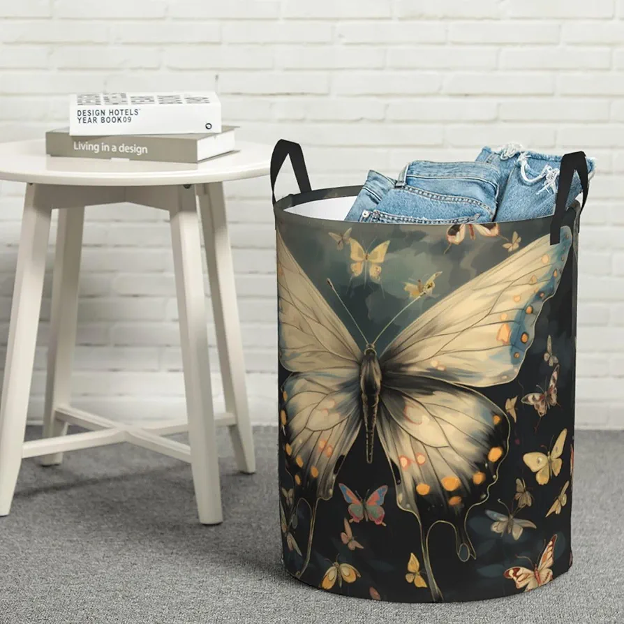 Laundry Basket Waterproof Laundry Hamper With Handles Dirty Clothes Organizer Butterfly Painting Print Protable Foldable Storage Bin Bag For Living Room Bedroom Playroom, Small, Black