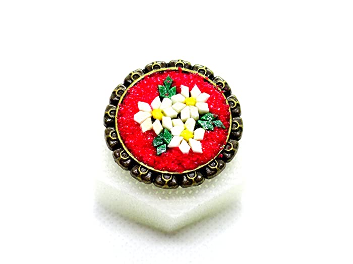 Handmade Natural Stone Mosaic Ring Carnations Patterned Antique Colored Jewelery With An Elegant Frame