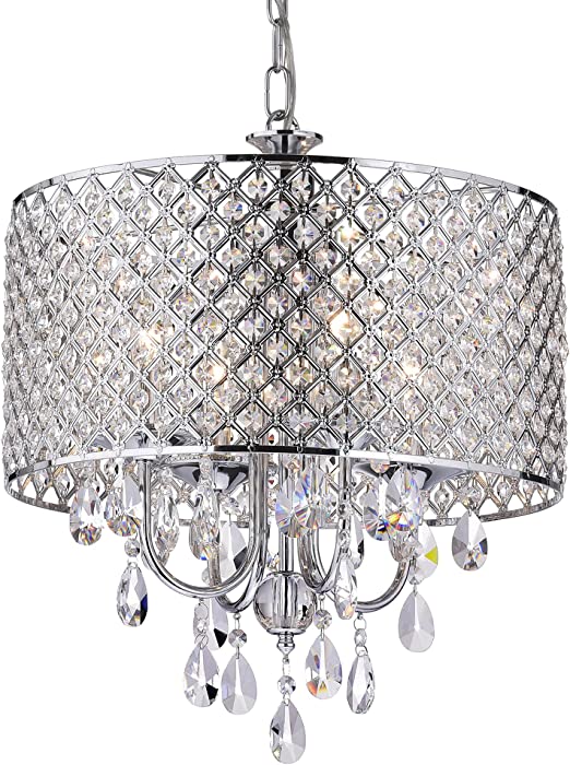 EDVIVI Marya Drum Crystal Chandelier, 4 Lights Glam Lighting Fixture with Chrome Finish, Adjustable Ceiling Light with Round Crystal Drum Shade, Dining Room Light for Living Room, Bedroom, Kitchen