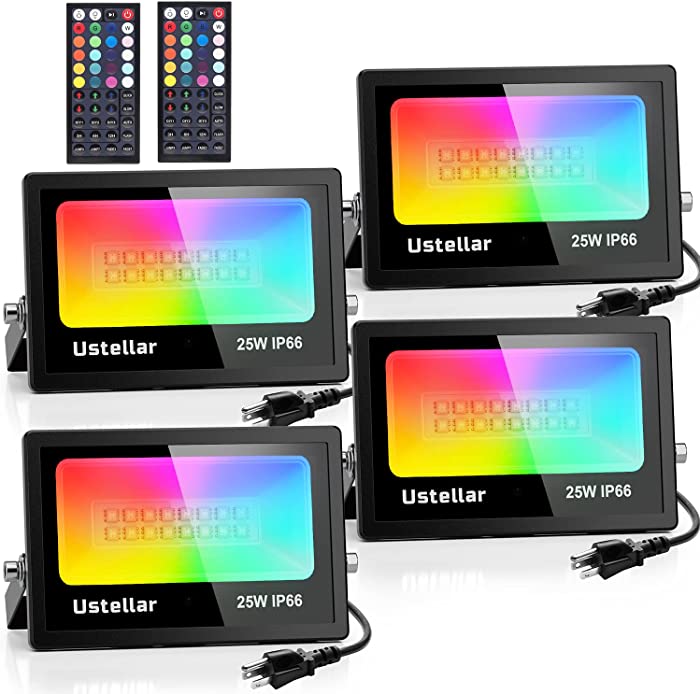 Ustellar 4 Pack 25W RGB LED Flood Light 200W Equiv. Outdoor Color Changing Stage Lights Indoor Floodlights Floor Lamp Party Uplighting for Events Colored Spotlight Uplight Wall Wash Landscape Lighting