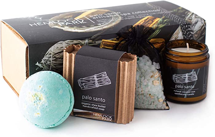 Artisanal Spa Collection | Apothecary Candle, Shea Butter Soap, Bath Bomb, Mineral Salt Bath Soak | Handcrafted with Organic Ingredients (Palo Santo)