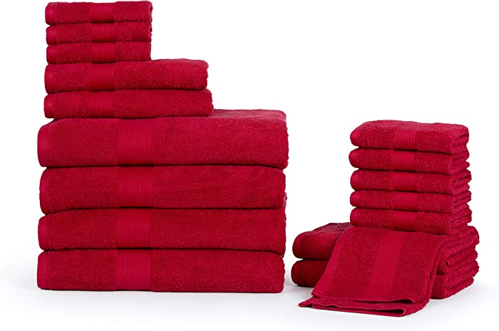 Ample Décor Bathroom Towel Set of 18 – 600 GSM – 100% Cotton – High Absorbency – 4 Hand Towel, 4 Bath Towel, 10 Wash Cloths – Machine Washable – Quick Drying – Ideal for Gifting – Red