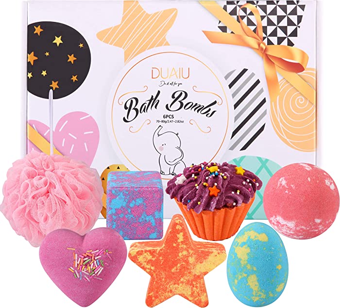 Bath Bombs Gift Set, DUAIU Fizzy Bubble Bath 6pcs Bath Bomb Set for Kids Organic & Natural Bath Bombs with Essential Oils Kid-Friendly Fruit Fragrance and a Bathing Mesh Ball