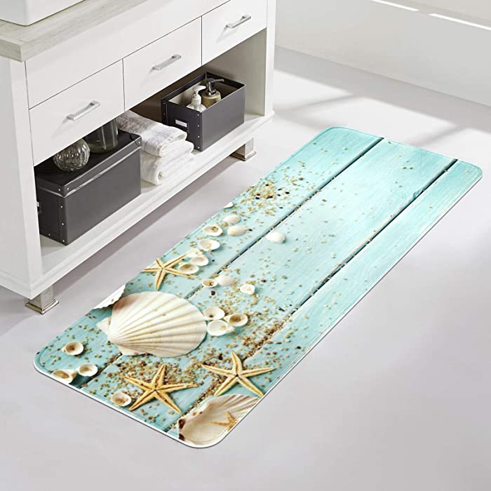 Uphome Foam Bath Rug Runner 18" x 47" Beach Shell Sea Collection Bath Mat Soft Flannel Vintage Boho Teal Bath Rug Non-Slip Machine Washable Shower Floor Carpet