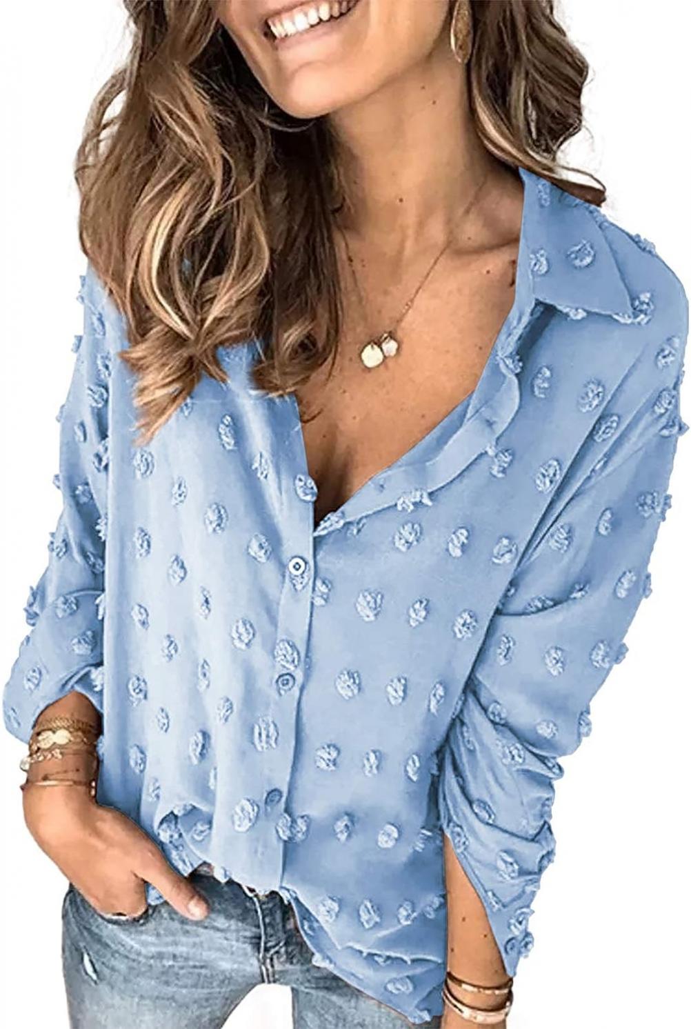 Astylish Women 2023 Pompom Button Down Shirt Casual Blouse Top