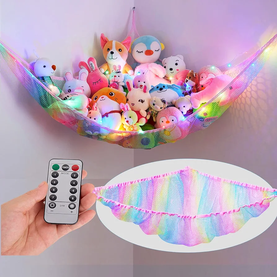 Stuffed Animals Hammock Kids Toy Storage with LED Light Unicorn Castle Plush Toy Organizer Corner Hanging Stuffed Animals Holder for Nursery Kids Girls Room Decor