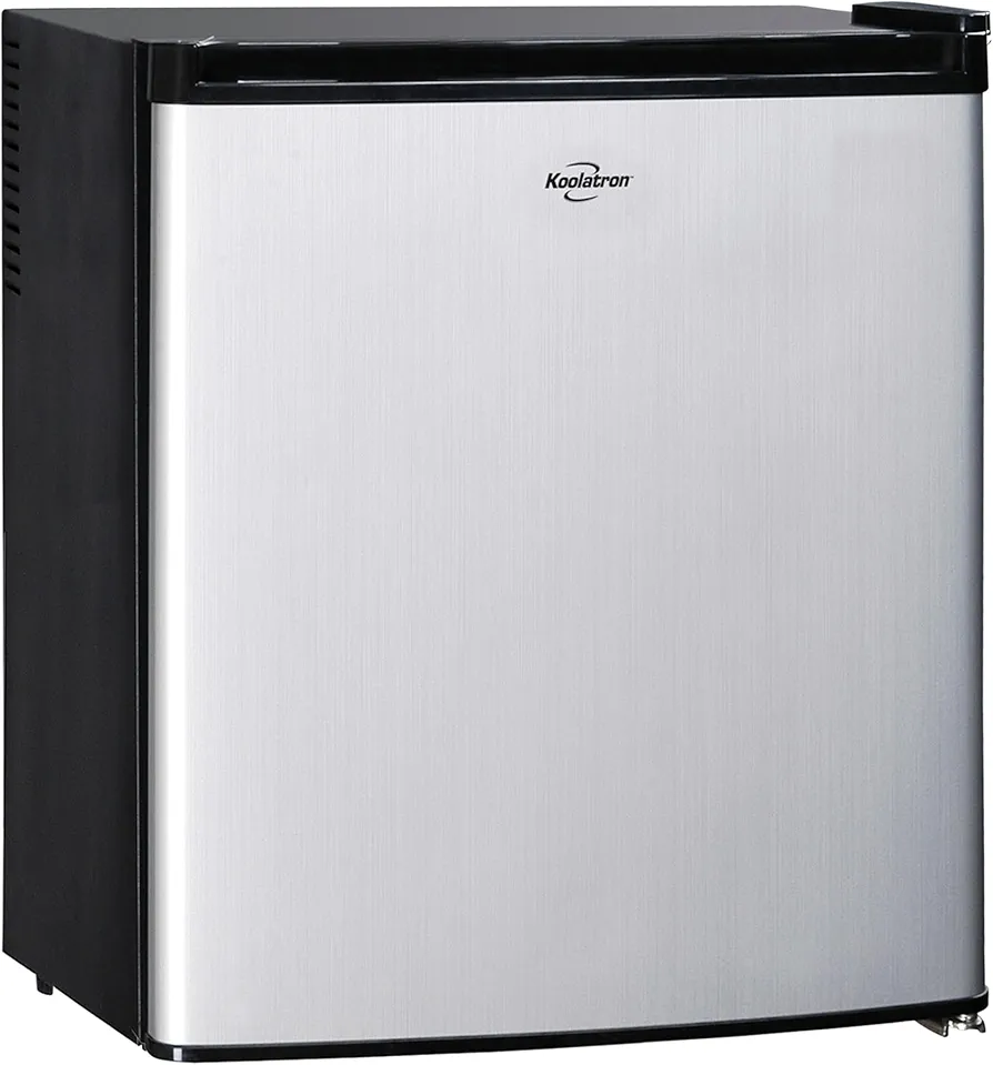 Koolatron Stainless Steel Compact Fridge with Freezer, 1.6 Cubic Feet (44 L) Capacity, Silver and Black, for Snacks, Frozen Meals, Beverages, Juice, Beer, Den, Dorm, Office, Games Room, or RV