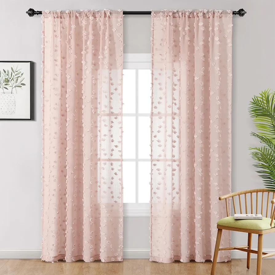 MYSKY HOME Pom Pom Dusty Pink Sheer Curtains for Living Room Bedroom Light Filtering Semi-Sheer Curtains for Nursery Girls Kids Room Boho Rod Pocket Voile Draperies Dusty Pink 52 x 72 inch 2 Panels