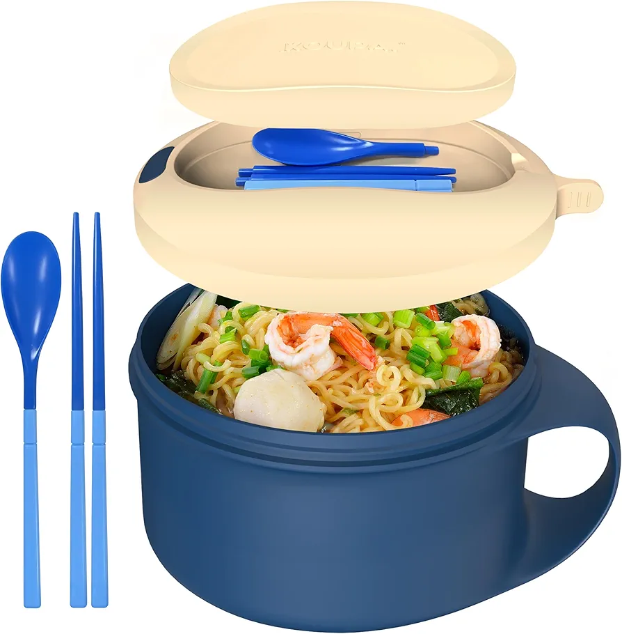 Ramen Bowl Set with Chopsticks and Spoon, Portable Instant Noodle Bowl with Lid for Travel Hiking, Microwave Safe Soup Pasta Cooker for Home Dorm Room Office Essentials