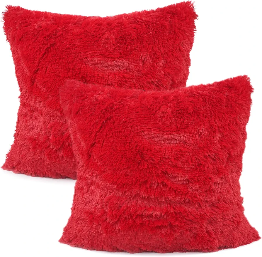 YOUR SMILE Pack of 2, Christmas Decorative New Luxury Series Merino Style Faux Fur Throw Pillow Case Cushion Cover 18" x 18"(Red)