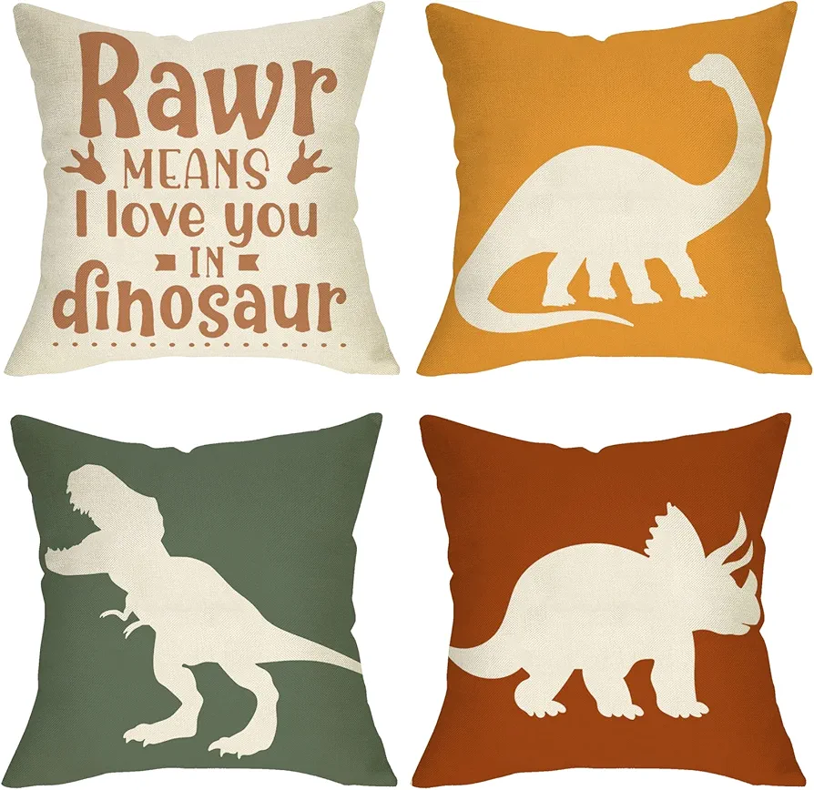 Dinosaur Rawr Means I Love You Home Decorative Throw Pillow Cover Set of 4, Inspirational Quote Cushion Case 18x18 for Boy Kid, Bedroom Nursery Sofa Couch Decor Dino Baby Shower Decoration Gifts