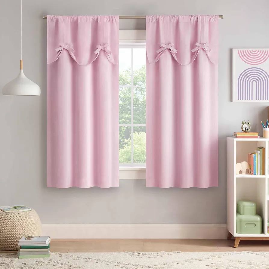 Eclipse Kids Blackout Curtain, Kids Curtain with Bow Tie Up Valance, 63 in x 40 in, Thermaback 100% Blackout Curtain with Rod Pocket Header, Curtain for Kids Room or Playroom, 1 Window Curtain, Pink