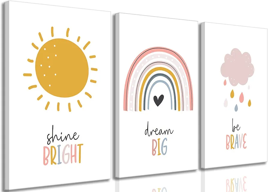 3 Pcs Framed Boho Nursery Wall Art Dream Big Be Brave Shine Bright Bohemia Sun Rainbow Pictures Kids Wall Decor Poster Print Artwork for Boys Girls Bedroom Children Room Home Decoration