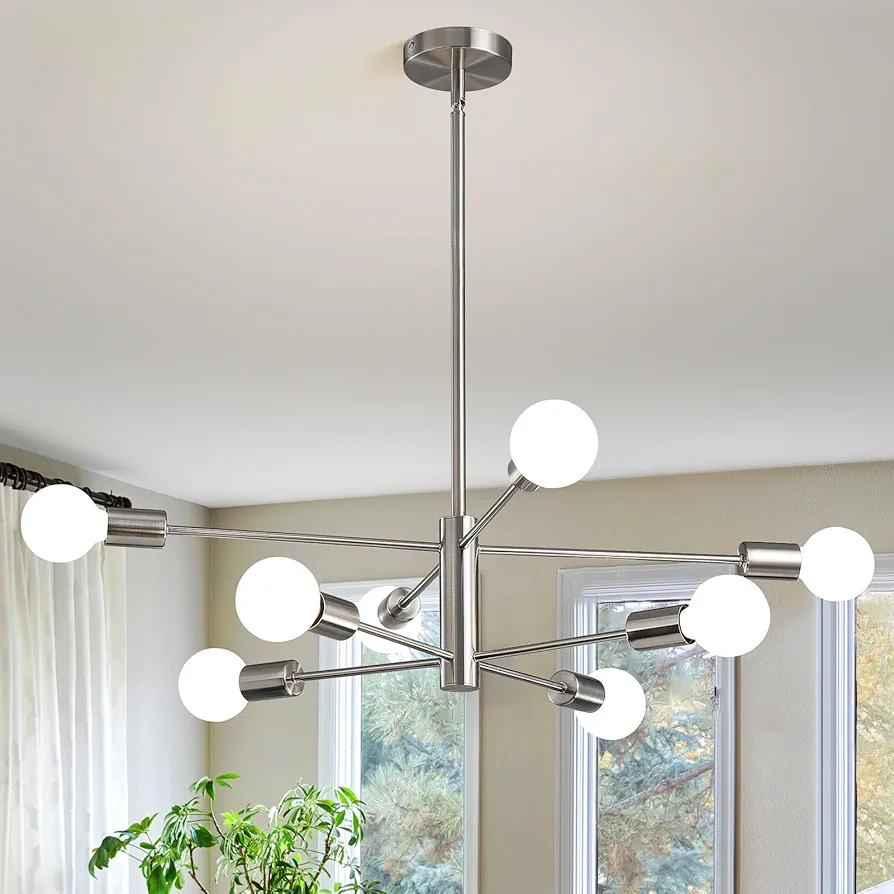 Modern Sputnik Chandeliers Light, 8 Lights Brushed Nickel Dining Room Chandelier Over Table, E26 Mid Century Ceiling Light Fixtures Height Adjustable Hanging Pendant Lighting for Entryway Foyer